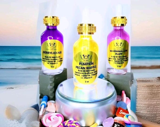 Queen C's Favorites Trio Sweet Body Oil Skin Candy Bundle-2oz Pumpkin Pecan Waffle, Marshmallow Fluff & Berrylicious | Scented Body Oil