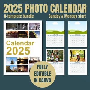 2025 Editable Photo Calendar Canva Template, A4/A3 Photo Wall Calendar 2025 Sunday/Monday start calendar, Monthly DIY Printable calendar