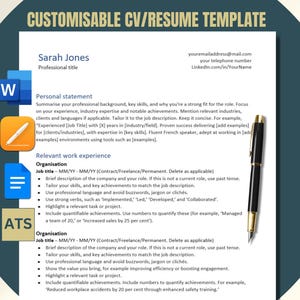May include: A customisable CV or resume template with a blue background. The template includes sections for a personal statement, relevant work experience, and contact information. The template is designed to be used with a word processor.