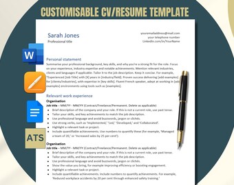 May include: A customizable CV or resume template with a blue background. The template includes sections for a personal statement, relevant work experience, and contact information. The template is designed to be used with a word processor.