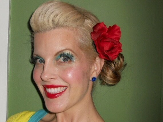 Single Red Rose Hair Flower Clip Rockabilly Pinup Wedding Vlv Etsy