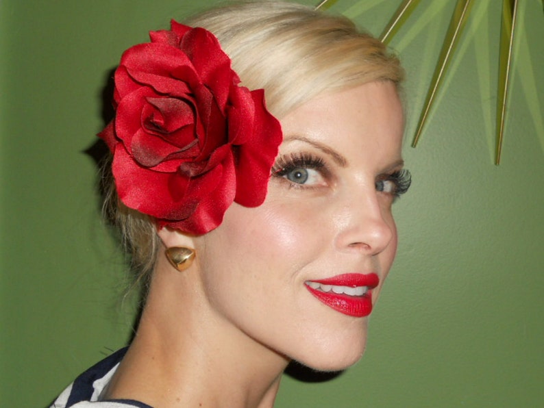 Perfect red rose medium hair clip flower pinup vlv rockabilly | Etsy