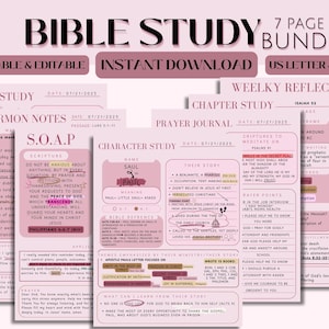 Könnte beinhalten: Ein 7-seitiges Bibelstudien-Bundle in Rosa, druckbar und editierbar. Enthält Abschnitte für Wortstudium, Predigtnotizen, Kapitelstudium, Gebetstagebuch und wöchentliche Reflexion. US Letter & A4 Formate verfügbar. Mit Text und Daten.