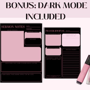 K&ouml;nnte beinhalten: Schwarze und rosa Journalseiten mit dem Text "SERMON NOTES" und "PRAYER JOURNAL". Die Seiten enthalten Abschnitte f&uuml;r Notizen, Passagen und Gebetspunkte. Ein rosa Textmarker und ein Bleistift sind ebenfalls enthalten.