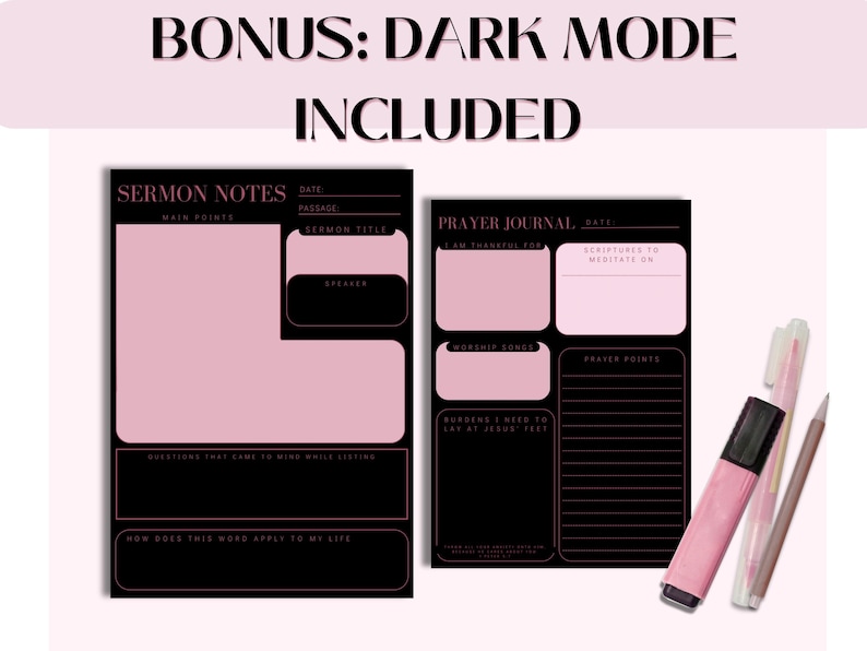 K&ouml;nnte beinhalten: Schwarze und rosa Journalseiten mit dem Text "SERMON NOTES" und "PRAYER JOURNAL". Die Seiten enthalten Abschnitte f&uuml;r Notizen, Passagen und Gebetspunkte. Ein rosa Textmarker und ein Bleistift sind ebenfalls enthalten.