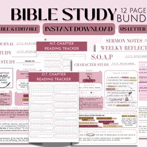 May include: A printable Bible study bundle in pink and white. The bundle includes a prayer journal, word study, chapter study, sermon notes, and reading trackers. The text includes "Printable & Editable" and "Instant Download".