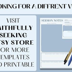 K&ouml;nnte beinhalten: Eine hellblaue, druckbare Predigtnotizvorlage mit wei&szlig;em Rand, begleitet von Stiften und Bleistiften. Der Text lautet: "Looking for a diffrent vibe. Visit Faithfully Seeking Etsy Store for more templates and printable."