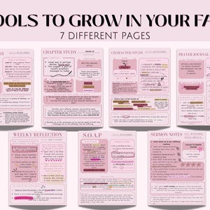 K&ouml;nnte beinhalten: Eine rosa-wei&szlig;e Grafik mit dem Text "7 TOOLS TO GROW IN YOUR FAITH" und "7 DIFFERENT PAGES". Das Bild zeigt sieben verschiedene Seiten mit Text und Illustrationen, darunter "WORD STUDY", "CHAPTER STUDY" und "PRAYER JOURNAL".