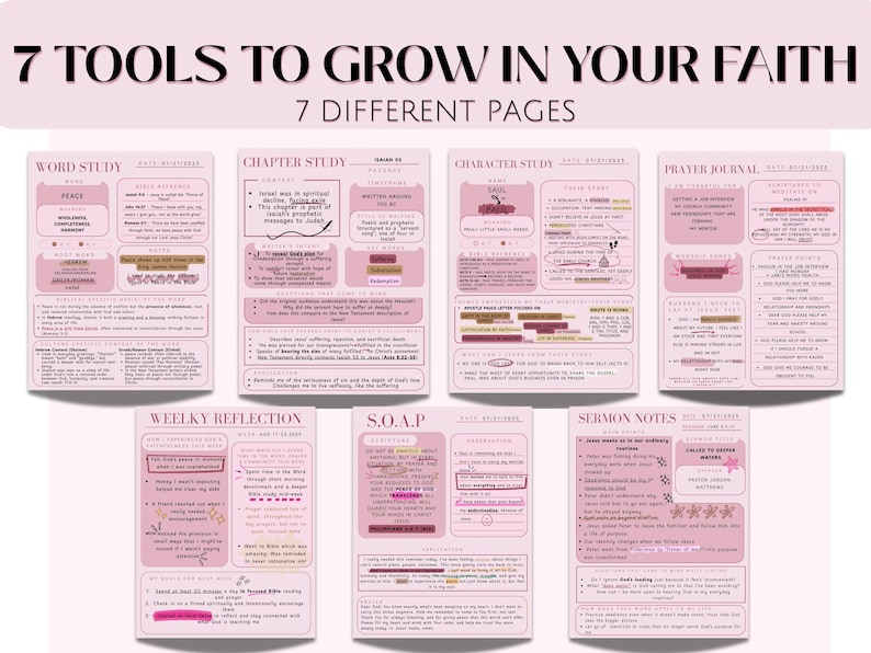 K&ouml;nnte beinhalten: Eine rosa-wei&szlig;e Grafik mit dem Text "7 TOOLS TO GROW IN YOUR FAITH" und "7 DIFFERENT PAGES". Das Bild zeigt sieben verschiedene Seiten mit Text und Illustrationen, darunter "WORD STUDY", "CHAPTER STUDY" und "PRAYER JOURNAL".