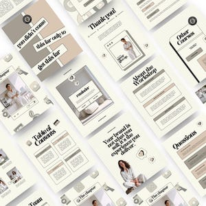 May include: A collection of digital course workbook pages featuring a neutral color palette of beige, cream, and grey. The layouts include headers like Table of Contents, About the Workshop, and Questions, with grid backgrounds and serif typography.