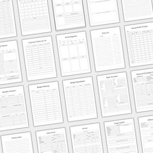 May include: A collection of white, printed planner pages with various layouts for financial tracking, budgeting, and organization. The pages include sections for monthly finances, customer follow-up, and product ideas. The pages are arranged on a light gray surface.