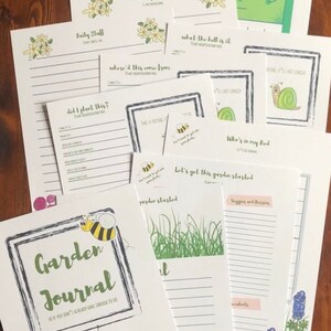 May include: A collection of garden-themed stationery, including a journal and various planning sheets. The journal cover features a cartoon snail and bee with the words "Garden Journal." Other sheets include prompts like "Daily Stuff" and "Weekly Stuff," with floral and grass illustrations.