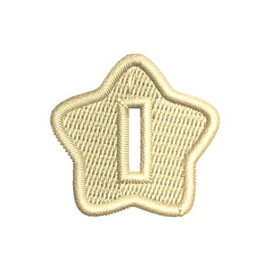 May include: Embroidered patch in the shape of a star with the number "1" in the center. The patch is a light gold color with a textured surface and a stitched border. The number "1" is a cutout.