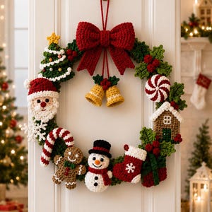 May include: A circular crochet Christmas wreath featuring a large red bow at the top, two yellow bells, a Santa Claus face, a gingerbread man, a snowman, a candy cane, a small house, a stocking, a gift box, and a miniature Christmas tree.