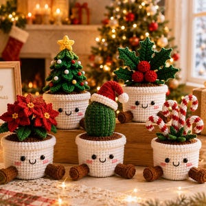May include: Five crocheted amigurumi plants in white pots with smiling faces and brown feet. The set includes a red poinsettia, a green Christmas tree with a yellow star, a green cactus with a Santa hat, a holly plant, and red and white candy canes.