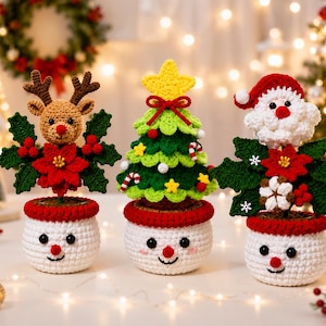 Crochet Christmas Pot Decor, Crochet Christmas Gift, Handmade Gift, Crochet Flowers, Crochet Christmas Plant Pot Set, Christmas Desk Decor
