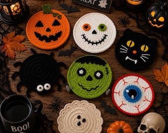 Handmade Crochet Halloween Coasters,Pumpkin Ghost Cat Spider Bat Eyeball Mug Rugs,SpookyHalloween Table Decor,Cute Spooky Cotton MugRugs