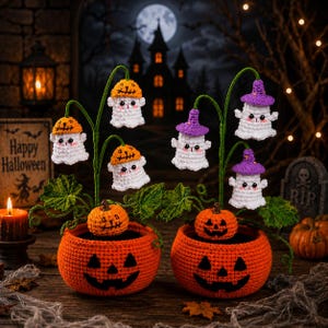 Maceta de Halloween con forma de fantasma y calabaza tejida a crochet, decoración espeluznante de calabaza, maceta con forma de fantasma, decoración de escritorio de Halloween, regalo de Halloween, decoración gótica hecha a mano para el hogar.