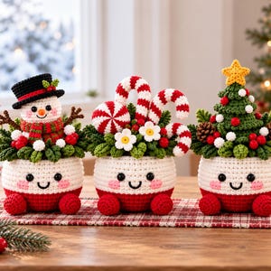 Handmade Crochet Christmas Potted Plant, Cute Face Pot, Table Ornament, Holiday Home Decor, Christmas Gift, Crochet Christmas Gift