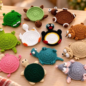 May include: A collection of twelve round, crocheted animal coasters featuring various designs including turtles, a white bird, a penguin, and other creatures in colours like green, brown, pink, blue, tan, and grey, each with distinct facial features.