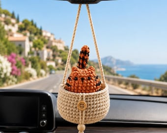 Custom Crochet Cat in Box Car Mirror Charm,Cute Cat in Carton Box Car Accessory,Handmade Kitten Rearview Mirror Hanger,AmigurumiCarAccessory