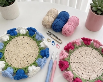 Crochet Flower Coaster, Floral Bouquet Home Decor, Cotton Yarn, Cottagecore Accent