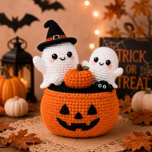 Könnte beinhalten: Eine gehäkelte Halloween-Dekoration mit zwei weißen Geistern mit schwarzen Augen und rosa Wangen, von denen einer einen schwarzen Hexenhut mit orangefarbenem Band trägt. Sie sitzen in einer großen orangefarbenen Kürbisschale mit einem kleinen Kürbis.