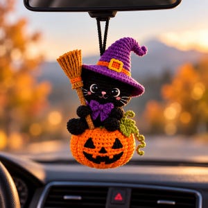 Può includere: Un ornamento all'uncinetto da appendere in auto raffigurante un gatto nero con un cappello da strega viola, una fibbia gialla e un papillon viola. Il gatto tiene in mano una scopa color sabbia e siede sopra una zucca arancione con un viticcio.