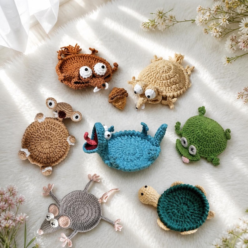 May include: A collection of seven crocheted animal-shaped coasters including a brown squirrel, a tan squirrel, a small brown acorn, a light brown koala, a blue creature with a red tongue, a green frog, a gray mouse, and a dark green turtle.