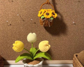 Crochet flower in pot, hand made, personalized gift for teacher, Sunflower in pot, desk decoration, tulip in pot, tulip bouquet, mother day