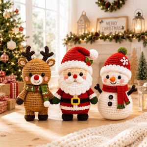 May include: Three crocheted Christmas dolls featuring a brown reindeer with a green scarf, a Santa Claus in a red and white suit with a black belt, and a white snowman wearing a red hat and scarf with two black buttons on its round body.