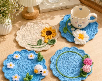 Handmade Crochet Flower Coasters – Floral Mug Rugs, Cute Table Decor, Cotton Drink Coasters, Cottagecore Home Gift, Drink Coasters