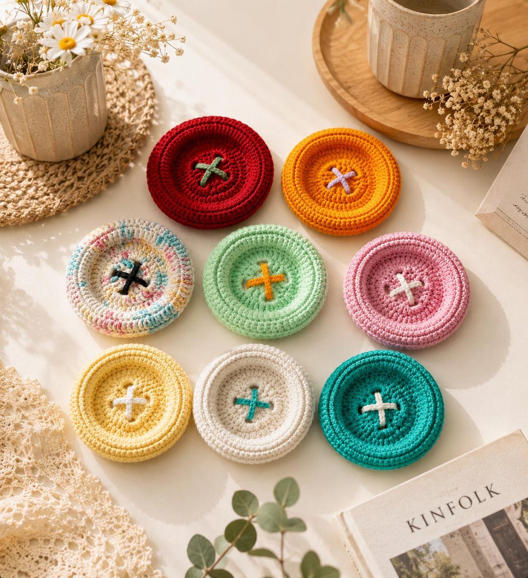 Handmade Crochet Button Coasters – Cute Cottagecore Drink Coasters ...