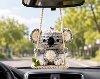Crochet Koala Car Hanging, Cute Koala Amigurumi Rearview Mirror Charm, Koala Plush Car Accessory, Soft Crochet Gift, Handmade Car Decor Gift