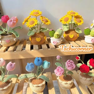 Crochet flower in pot, hand made, personalized gift for teacher, Sunflower in pot, desk decoration, tulip in pot, mother day gift, flower