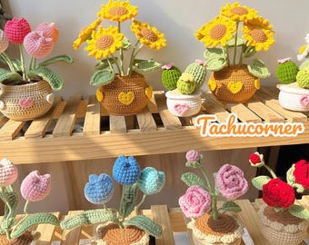 Handmade Crochet Flower Pot: Sunflower, Tulip, Rose, Daisy