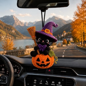 Porte-clés chat d'Halloween au crochet pour voiture, chat sorcière citrouille à suspendre au rétroviseur, décoration de voiture effrayante faite main, cadeau d'Halloween mignon, décoration d'Halloween