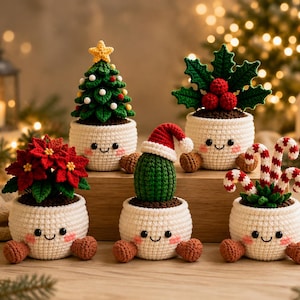 May include: Five crocheted amigurumi plants in white pots with smiling faces and brown feet. The set includes a Christmas tree with a yellow star, a holly plant with red berries, a poinsettia, a cactus wearing a Santa hat, and candy canes.