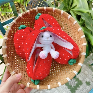 Handmade Crochet Bunny in Strawberry Plush: Big-Eared Rabbit Toy