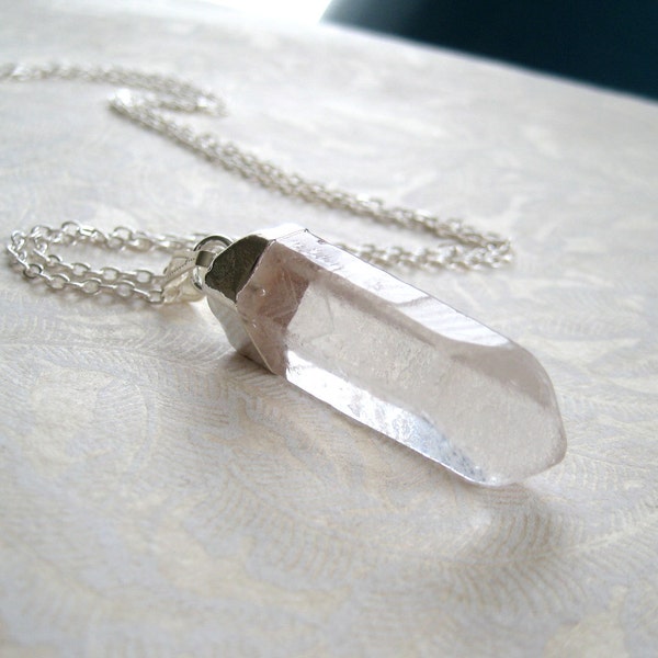 Silver Dipped Raw Crystal Quartz Point with Long Silver Chain