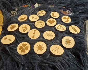 The Token Oracle • 18-Piece Wooden Divination Token Set • Modern Oracle System • Elements, Symbols & Guidance • Unique Spiritual Gift