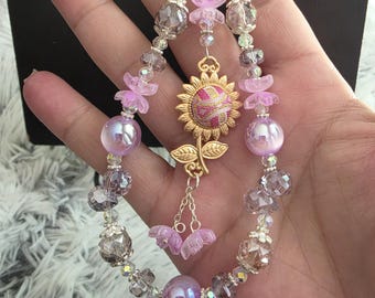 Sunflower Hope Blossom Phone Chain | Pink Crystal Beaded Charm Strap