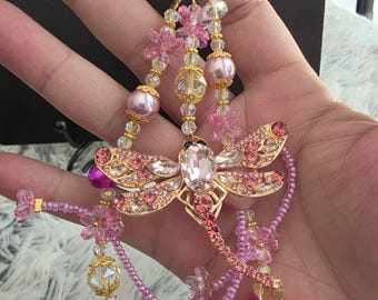 Rose Petal Dragonfly Wings Bag Chain | Pink Crystal Beaded Charm, Fairycore Purse Accessory