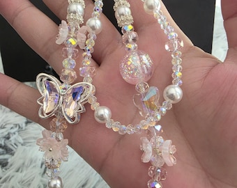 Aurora Flutter Crystal Butterfly Phone Chain | Iridescent Pearl Beaded Strap