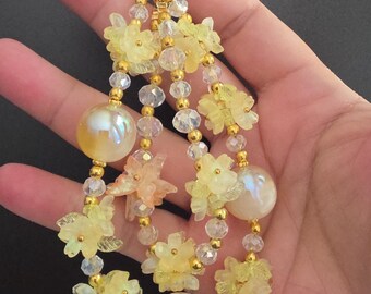 Handmade Yellow Floral Phone Chain | Pearl Bead, Crystal Accents, Whimsical Charm