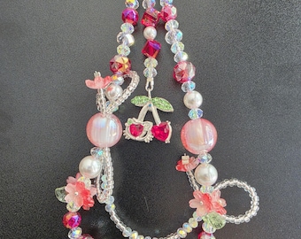 Beaded Phone Charm, Crystal Cherry Floral Chain, Handmade Ethereal Accessory