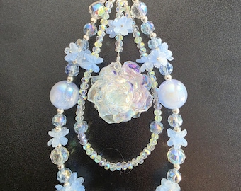 Frosted Peony Phone Charm, Iridescent Crystal Beaded Chain, Handmade Floral Ethereal Gift