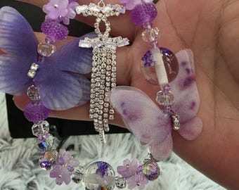 Handmade Violet Butterfly Phone Chain with Crystal Cross Charm