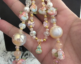 Peony Wishes with Hulu Gourd | Phone Chain with Pearl Beads and Rose Charms, Handcrafted