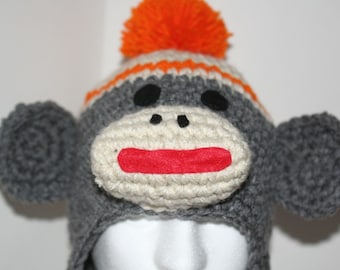 Adult size Orange sock monkey hat - unique handmade character hat made to look like a sock monkey in heather gray